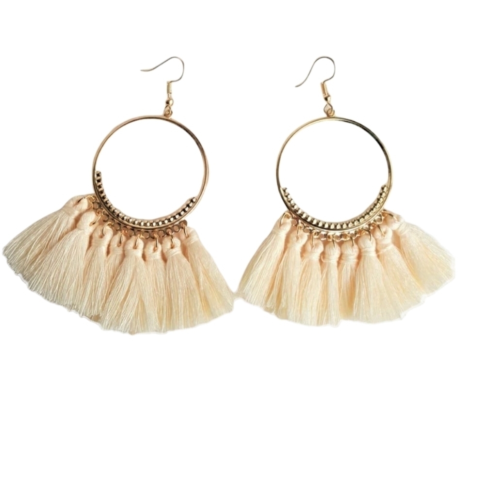 Boho Long Tassel Dangle Fringe Drop Earrings Jewelry Ivory And Gold